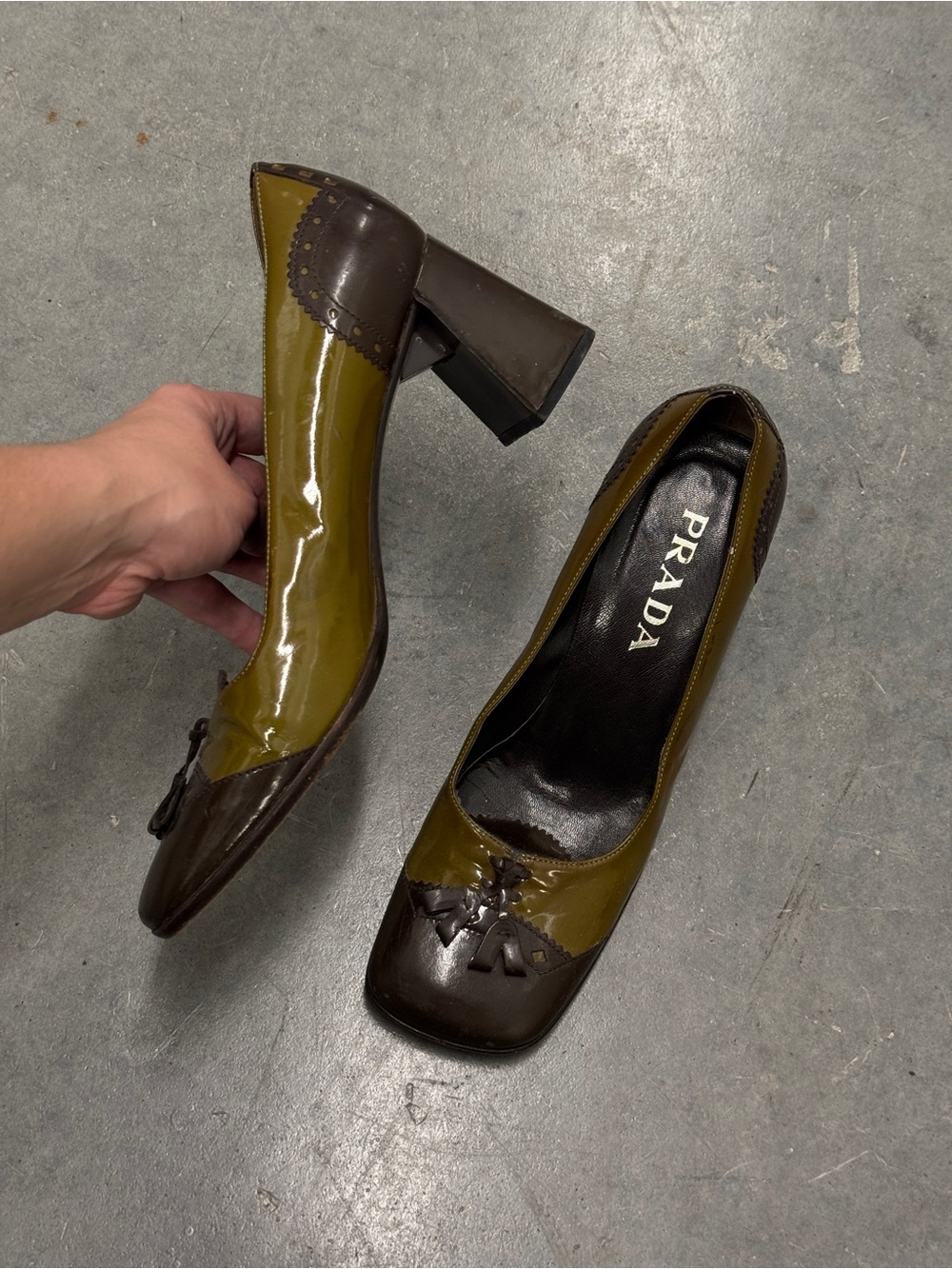 Prada Olive and Brown Patent Leather Tassel Block Heel Pumps